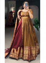 Cotton Mustard Traditional Wear Zari Work Readymade Gown With Dupatta